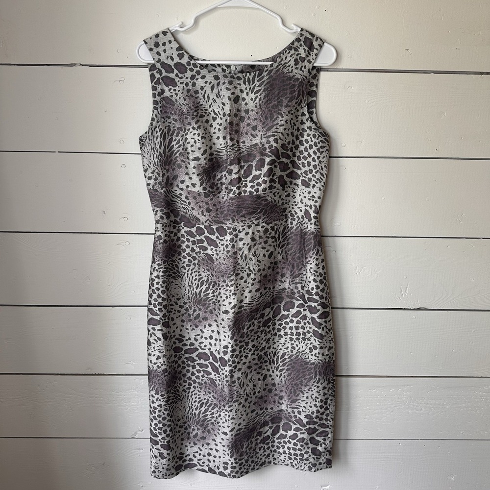 Santorelli Linen Gray Purple Cheetah Print Sheath Dress 6 Preppy Resort Wedding